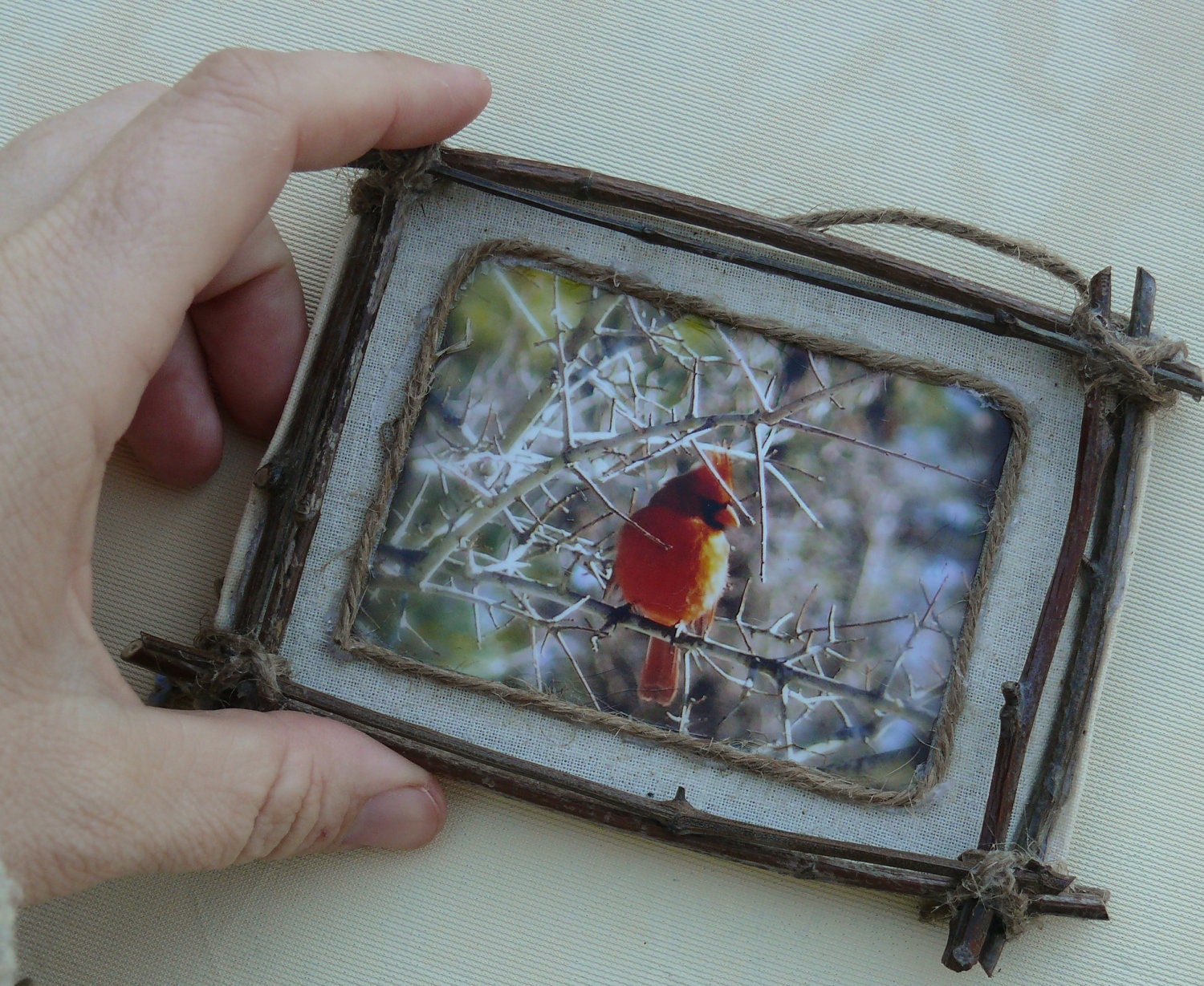 Mini Small Rustic Frame Christmas Ornament Folk art Twig Branches Primitive Photograph Mixed Media Red Cardinal