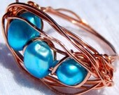 LATOYA. turquoise freshwater pearl and solid copper wire wrapped ring. size 8