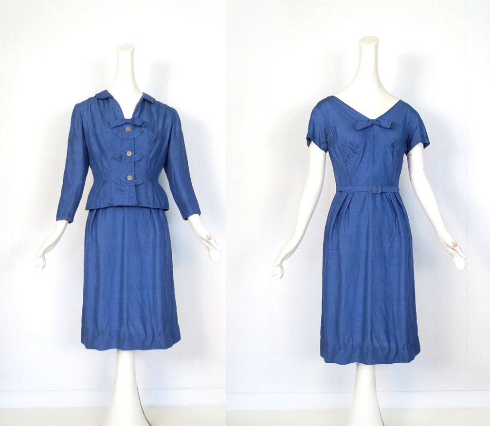 Vintage 1940s Dress / Dress and Jacket Set / 40s Dress / Azure Blue Shantung / Small S