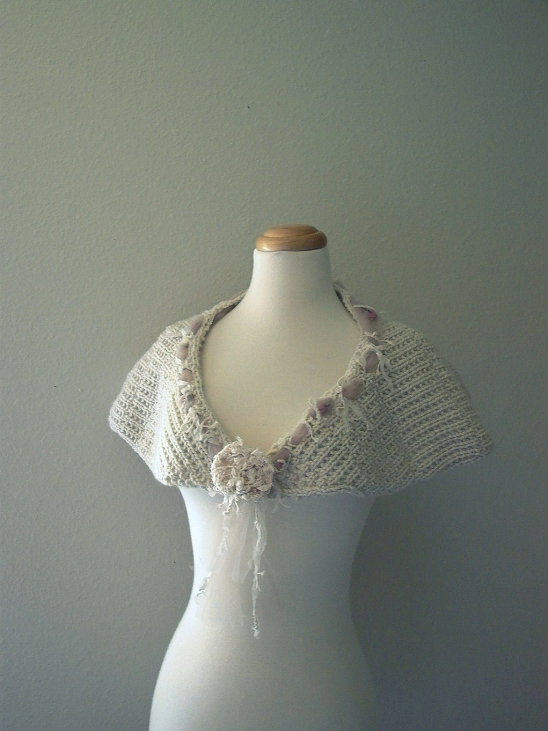 hopeless romantic. handknit capelet mori girl shabby cottage chic wedding knit cape wrap shawl bustle ecru natural off white fall fashion