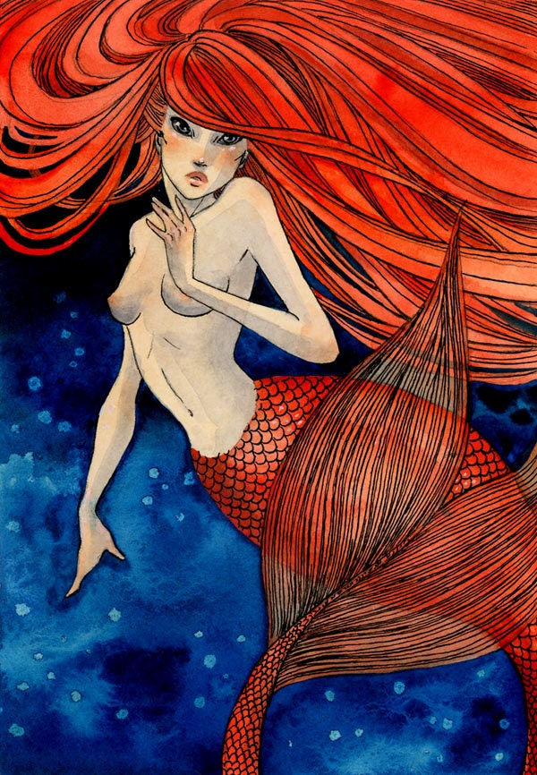 Red Mermaid - 4.5 x 6.5 Original Painting - ink and watercolor - one of a kind