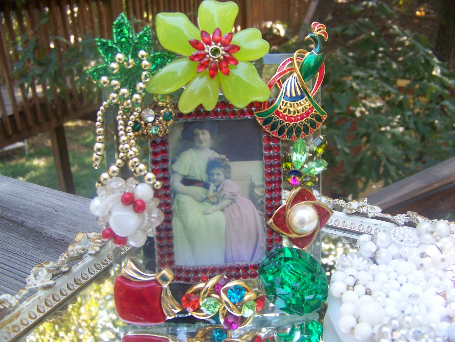 Christmas Peacock  Holiday Jeweled Glass Picture Frame