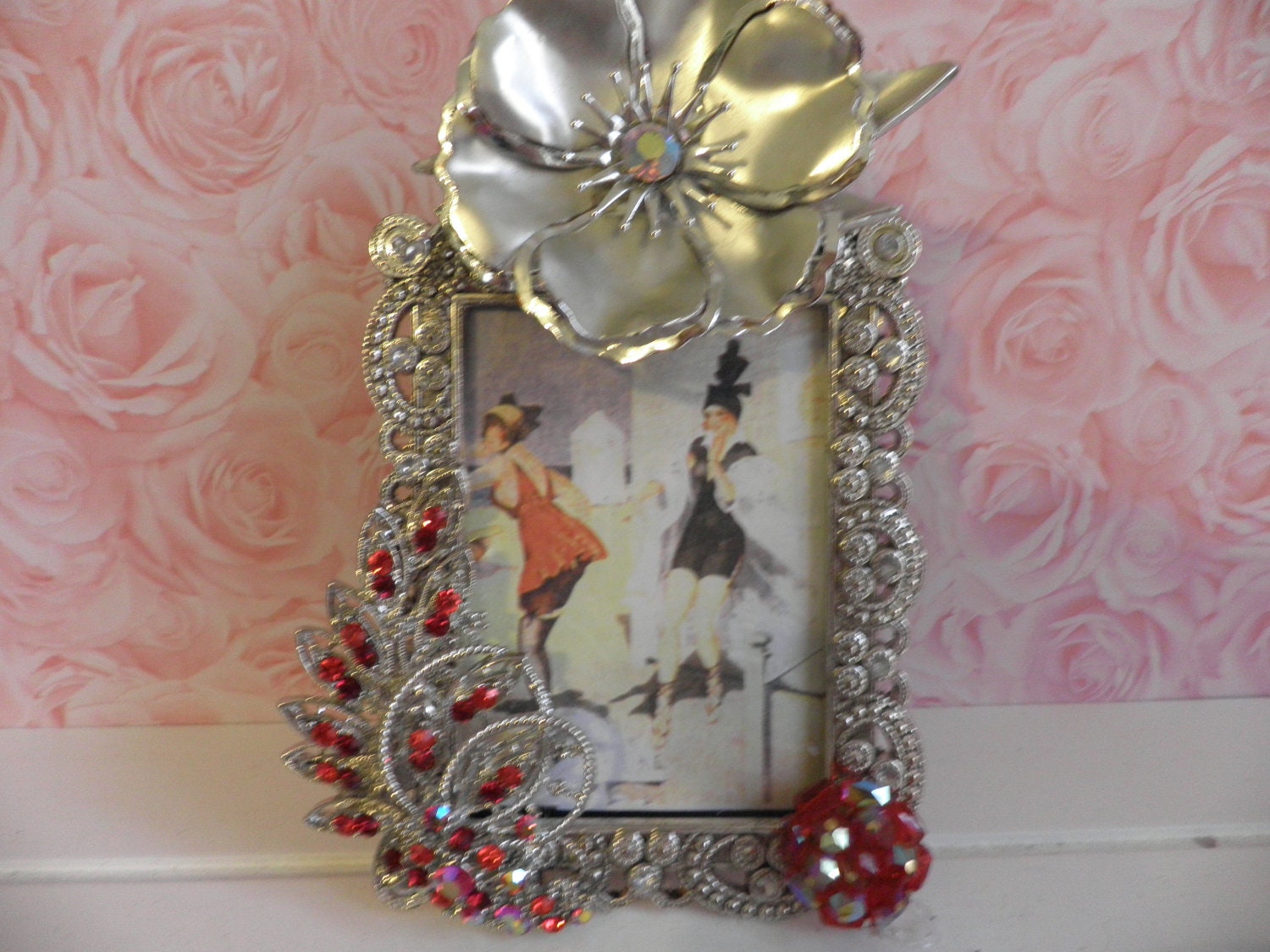 RED ICE snd SILVER Rhinestone Embellished Vintage Jeweled Tiara Picture Frame
