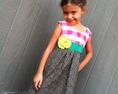 Prairie Funk Dress - pink buffalo plaid, floral, and green cotton, handmade flower - Ready to ship 3-6mo