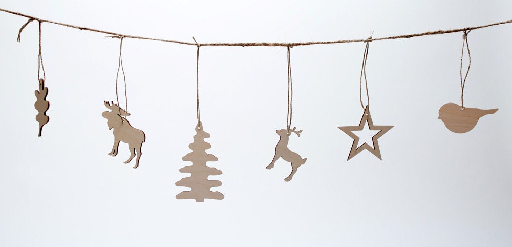 set of 6 wooden ornaments