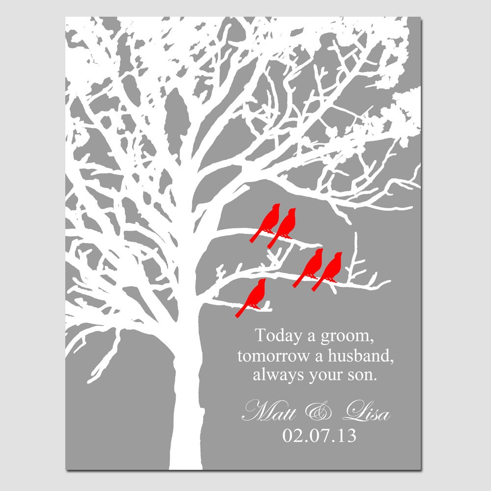 Always Your Son - Family Tree - Wedding Gift for Parents - 11x14 Personalized Print - Birds in a Tree -  Choose Your Colors
