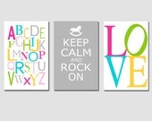 Nursery Art  Trio - Set of Three 13x19 Prints - Modern Nursery - Alphabet, Keep Calm and Rock On, Love Typography - Choose Your Colors