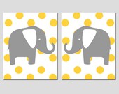 Modern Polka Dot Elephant Duo - Set of Two 8x10 Prints - Modern Nursery Art - Choose Your Colors - Shown in Gray and Yellow