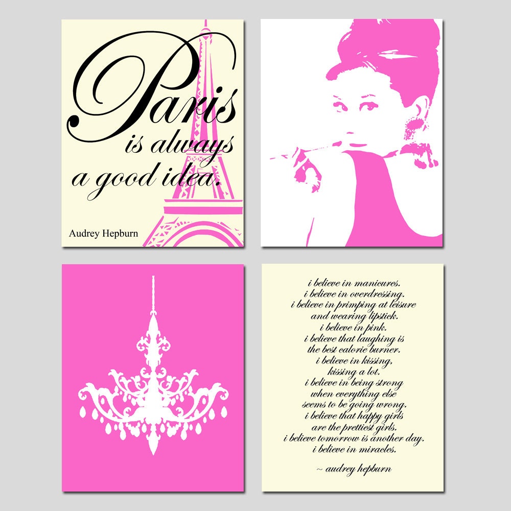 Audrey In Paris - Set of Four 8x10 Prints - Audrey Hepburn, Chandelier, I Believe in Pink, Paris Is Always A Good Idea - Choose Your Colors