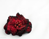 Deep scarlet red and jet black hand felted flower brooch with beads like cranberries Ready to ship now Gift under 50 USD