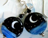 Crescent Moon Lampwork Blue Black Ivory Celestial Space Mystical Silvered Handmade Sterling Silver Earrings