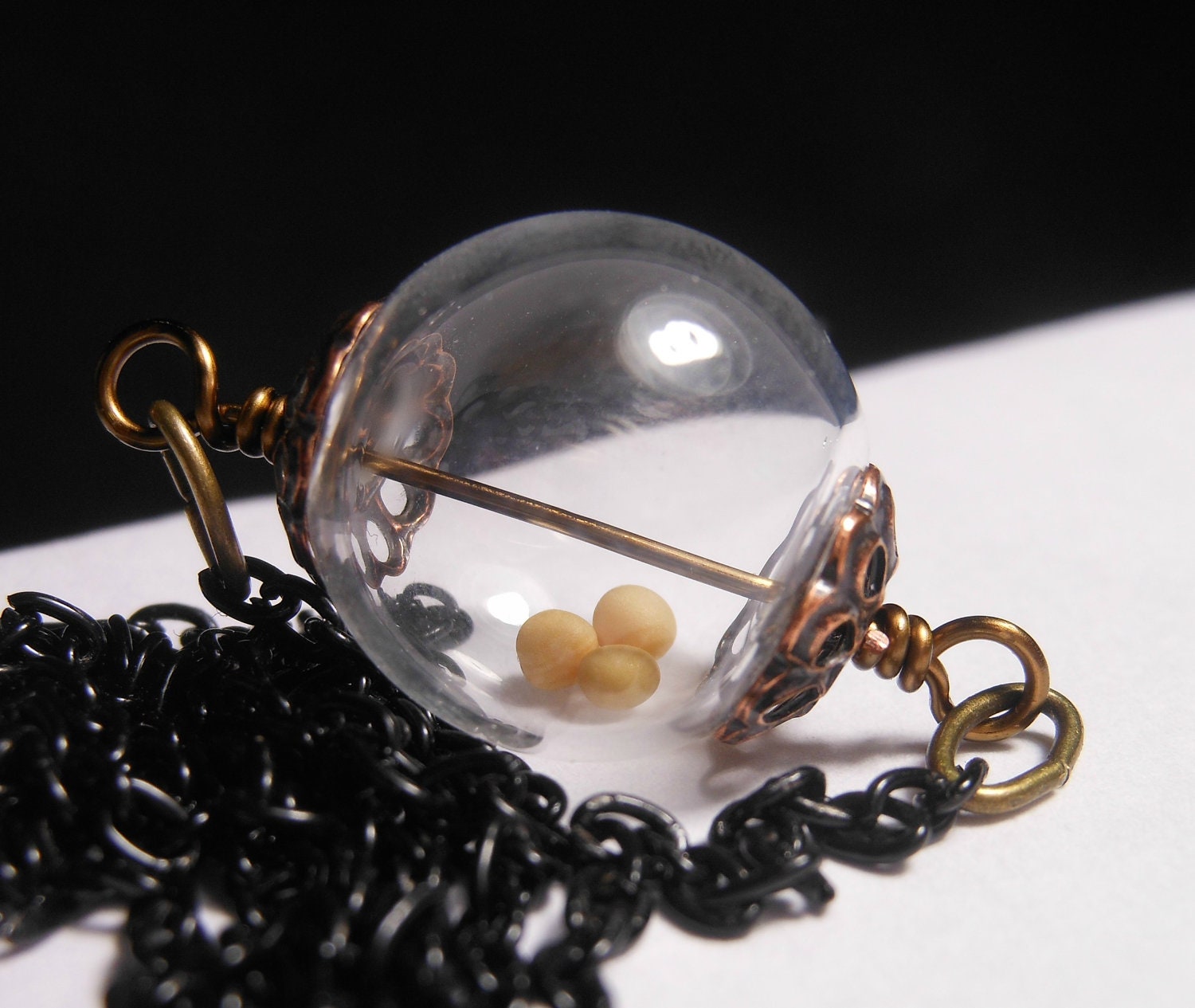 Mustard Seed Necklace Strength  Hollow Lampwork Bead Round Necklace  - 18 inches