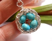 Birds Nest Necklace Solid Sterling Silver with Speckled Robins Eggs Gemstone Wire Wrapped