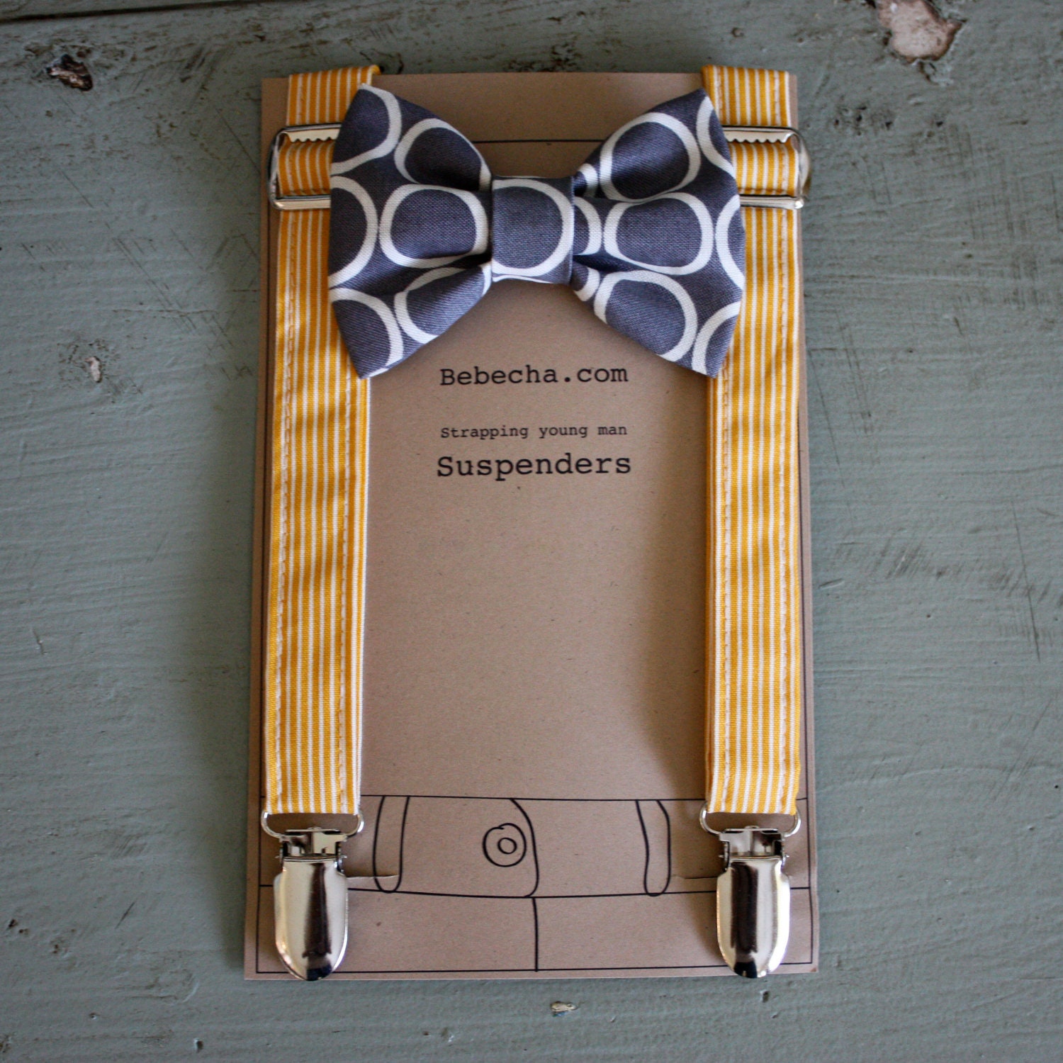 Boys Suspenders and bow tie set - Mustard yellow and grey