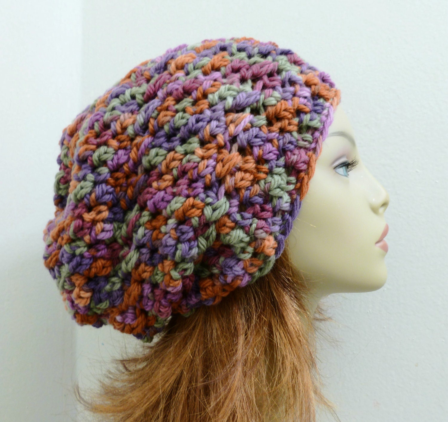 Chunky WOOL Slouch Beanie in Multi-Color Purple/Pumpkin/Berry/Gray - Hand Crocheted