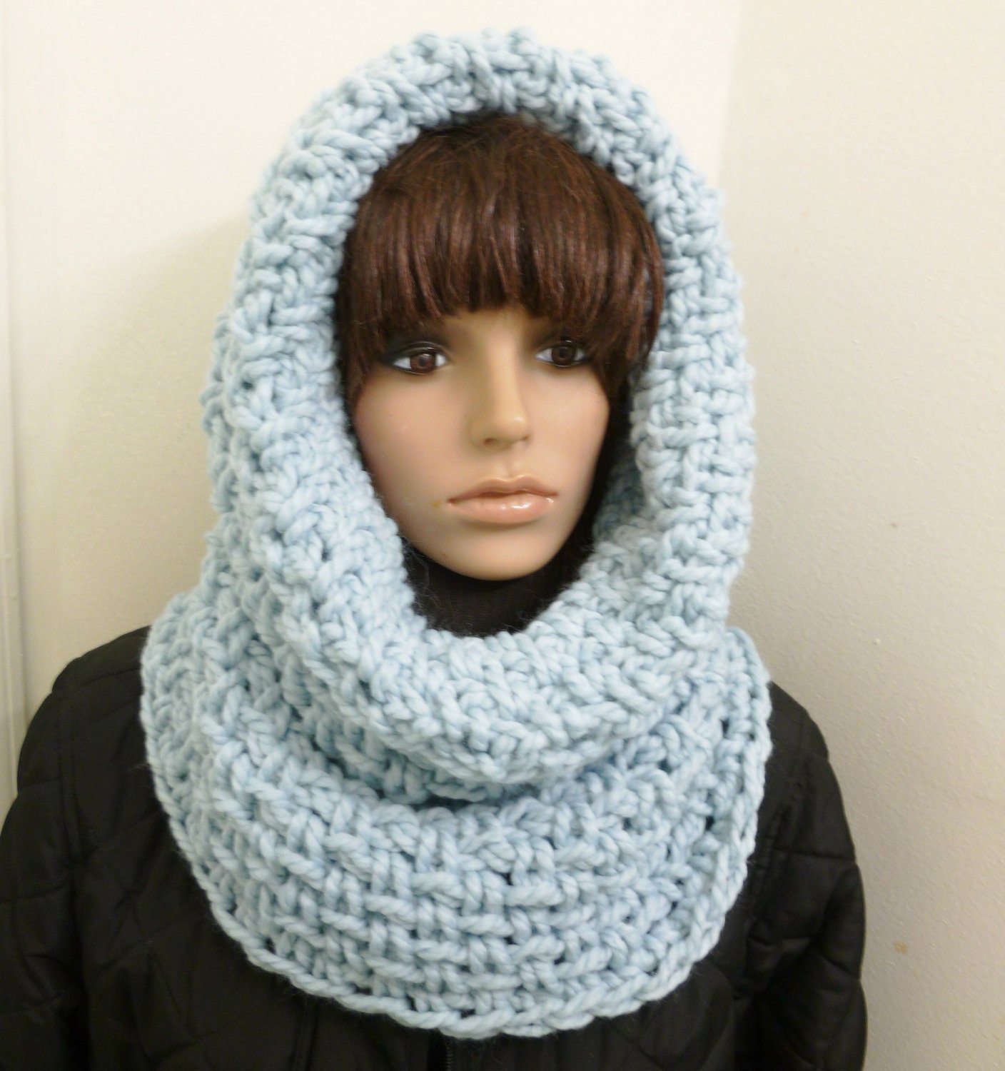 Chunky Tunnel Cowl/Hood in  Wool Blend in Glacier Blue - Hand Crocheted