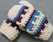 Soft Chunky  Wool Blend Mittens in Cream / Purple / Blue - Hand Crocheted
