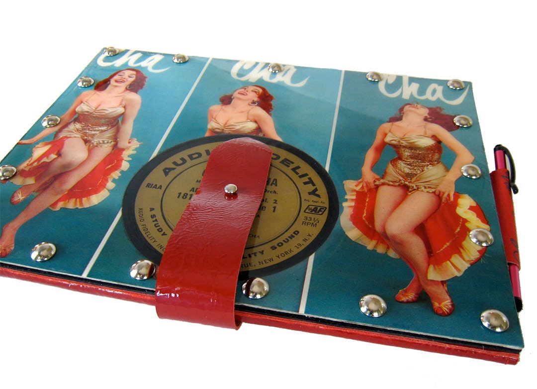 Red Leather iPad case, bookstyle, featuring vintage 1950s Cha Cha Cha record album