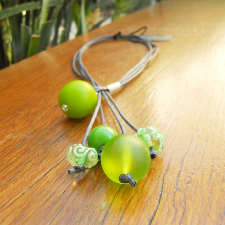 Lime green resin and lampwork glass bead lariat on cotton cord