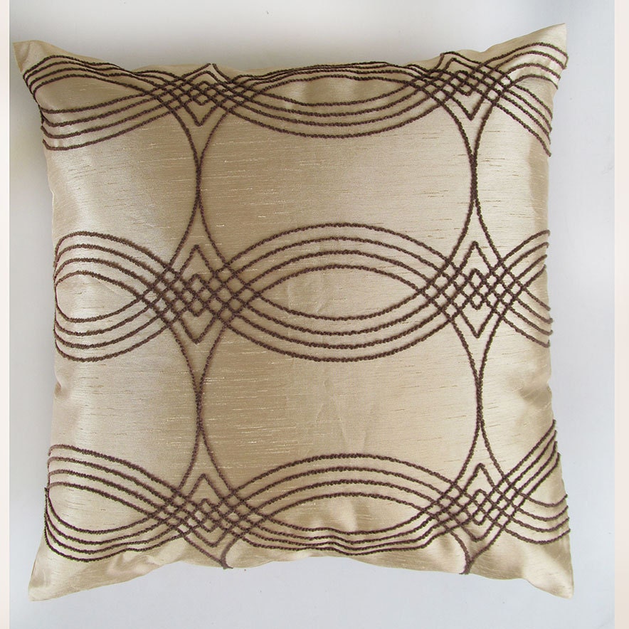 shimmery beige decorative pillow cover with dark brown embroidery 18 inch IN STOCK