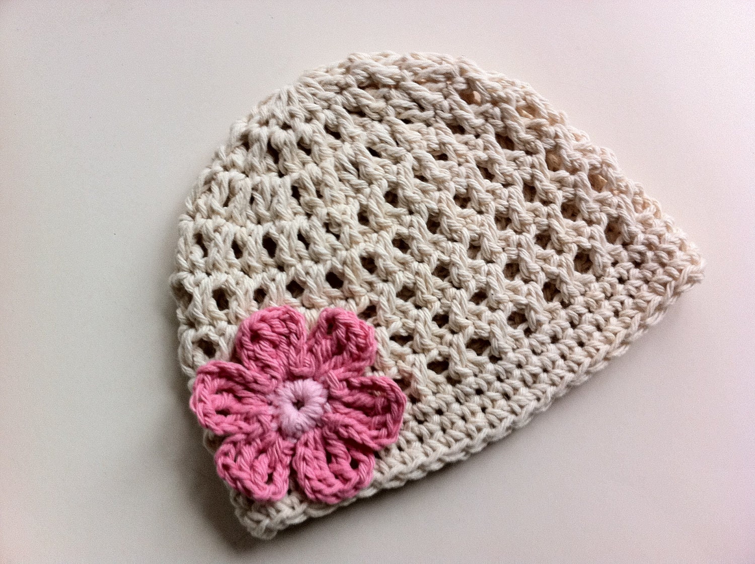Baby Girl, Crochet Baby Hat, Baby Hat, Ivory, Pink, Flower, 0 to 3 Months