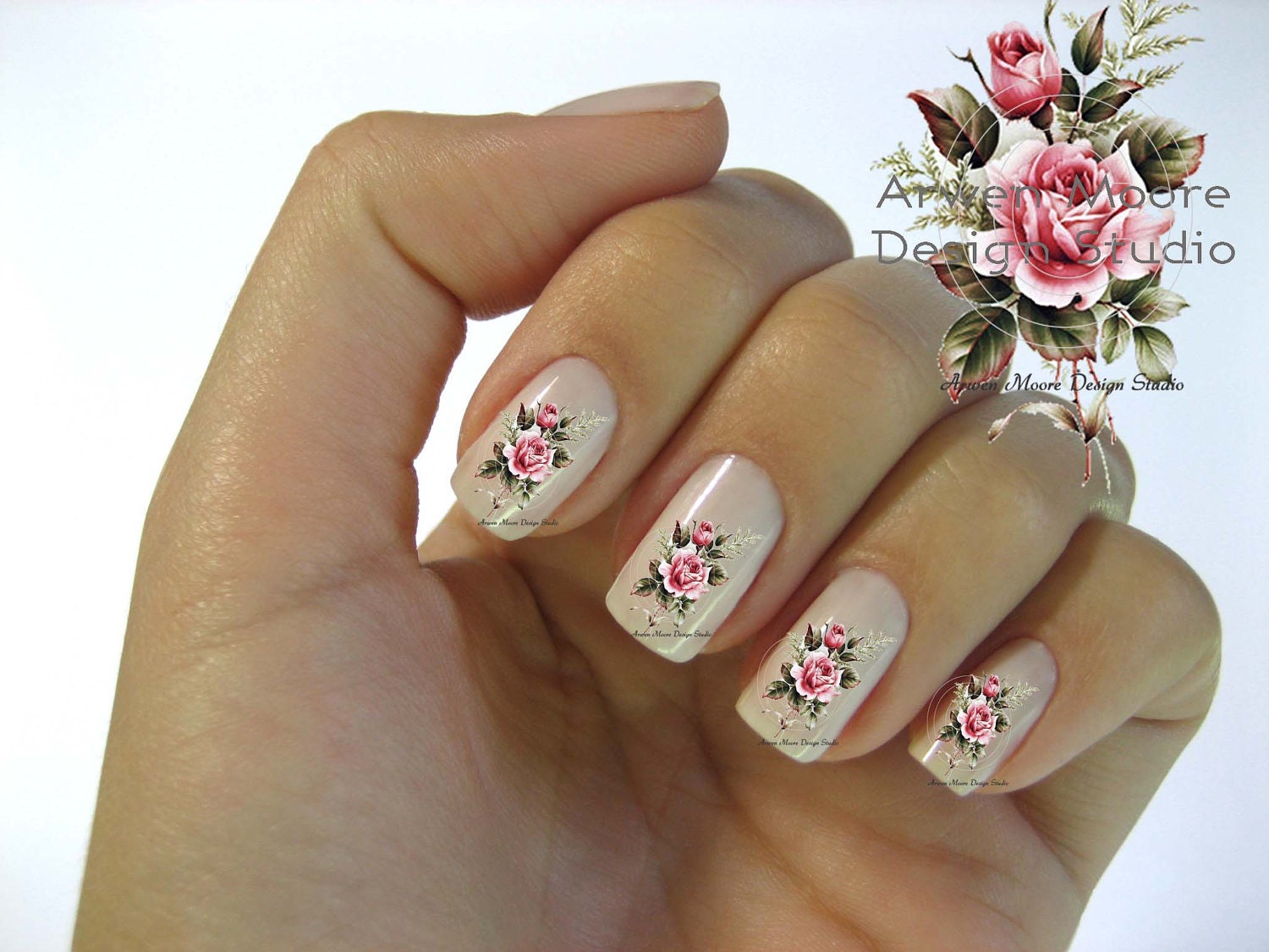 Shabby Very Chic Pink Vintage Rose and Bud Nail Art Waterslide Miniature Water Decals - fw-037