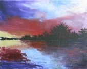 original painting acrylic Abstract  canvas Impressionist lake reflections Modern art Red Blue Lavender tree Clouds 30x24
