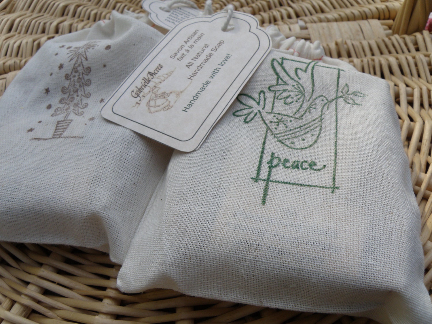 Soap Sample Bars Gift Bag in Hand Stamped Muslin Draw String Bag