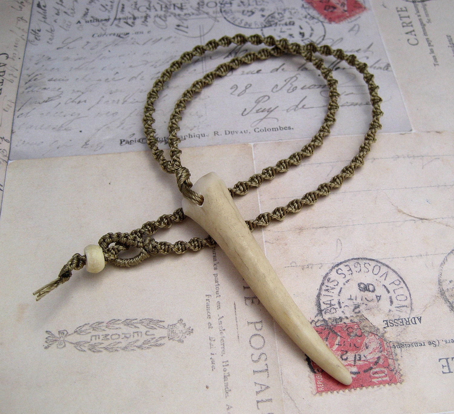Macrame Necklace with Antler Tip Pendant Spiral Design