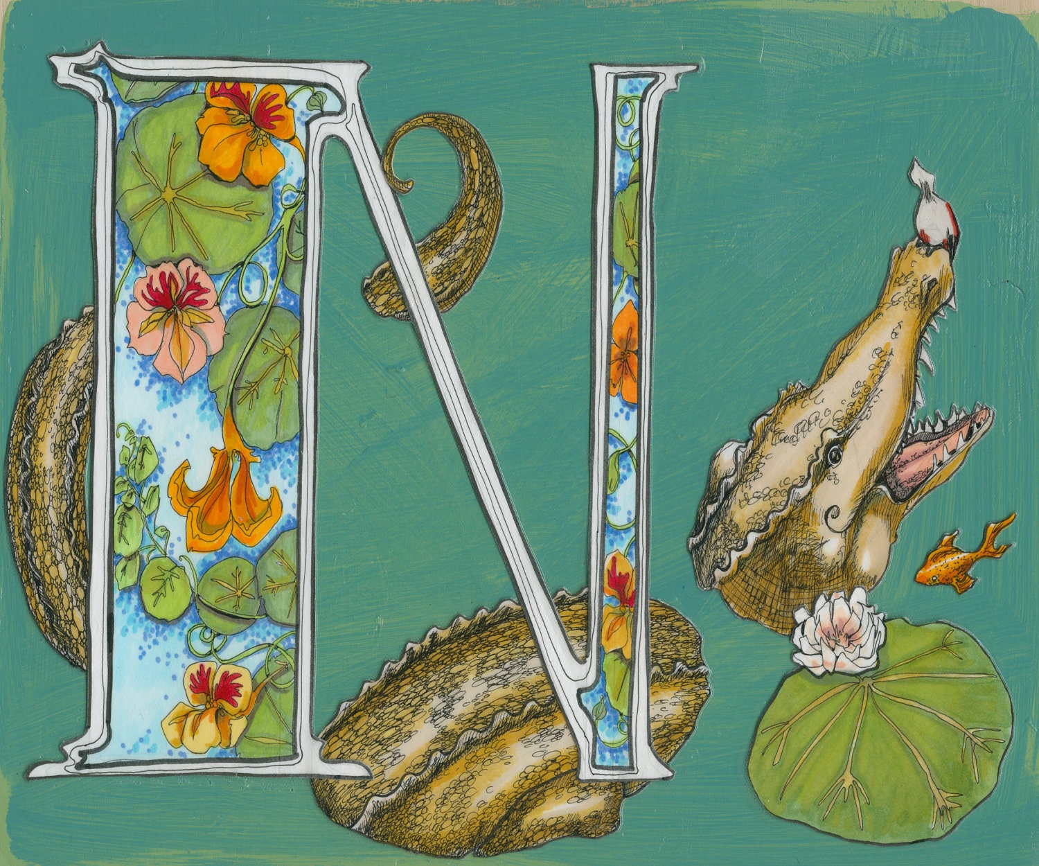 N is for Nile (the little crocodile)- 9x7.5 Wonderland Alphabet Print