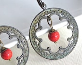 Big Hoop Earrings - Bohemian, Boho Jewelry, Verdigris Patina, Brass, Sponge Coral