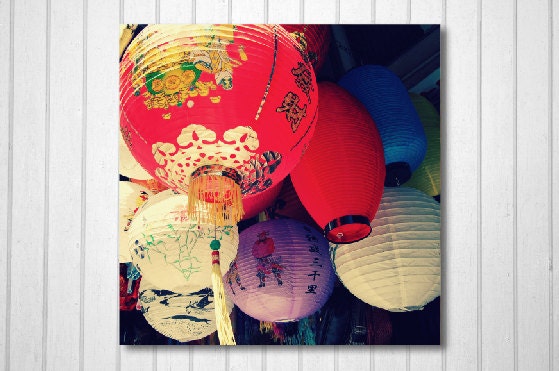 San Francisco Photography, China Town, Lanterns, Red, Purple, White, Wall Decor -Chinese Lanterns (8x8) Fine Art Print