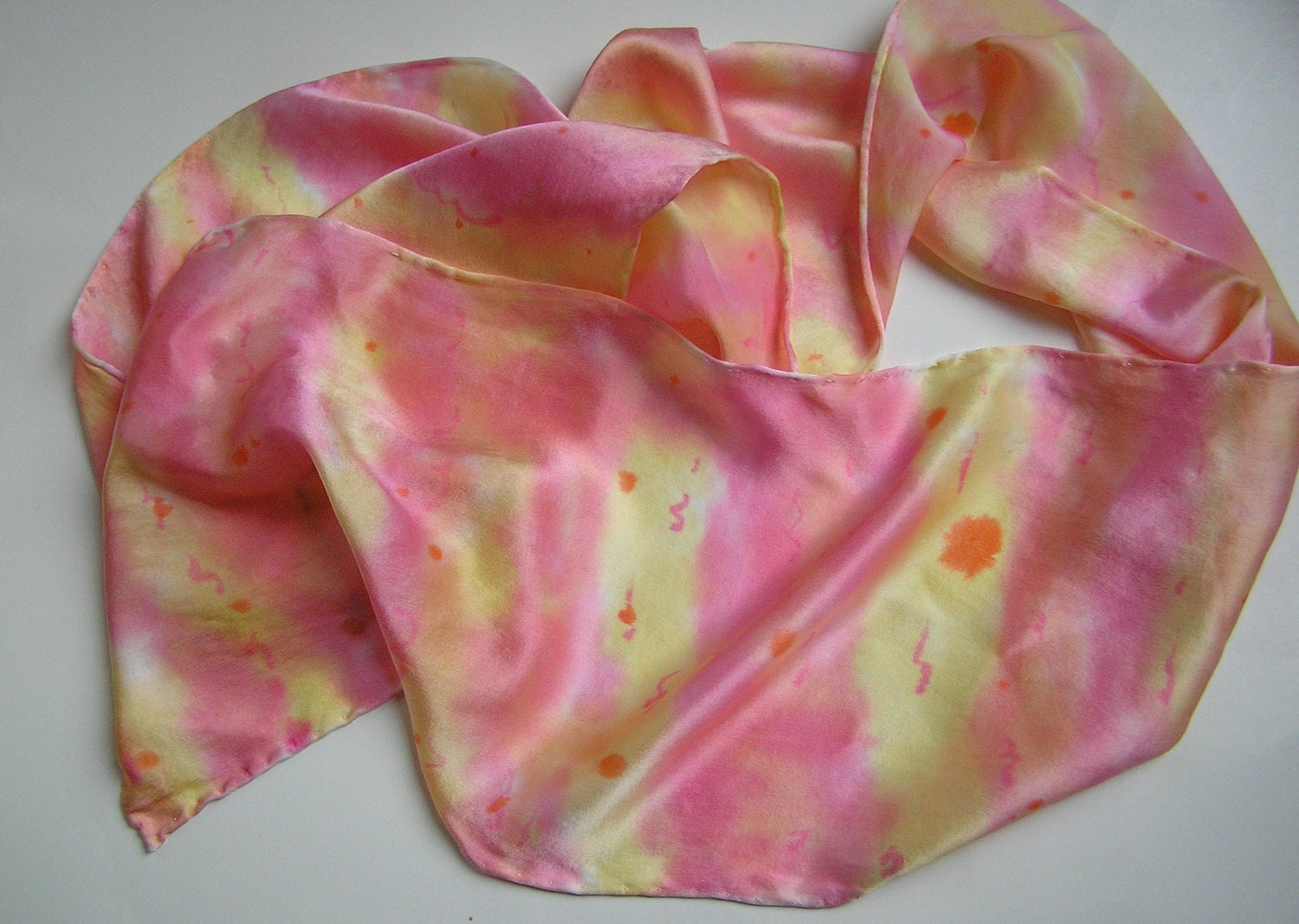 SILK SCARF, hand dyed, silk, silk scarves, silk crepe de chine, Hawaiian Sunset, pink, soft yellow, peach, orange, hot pink