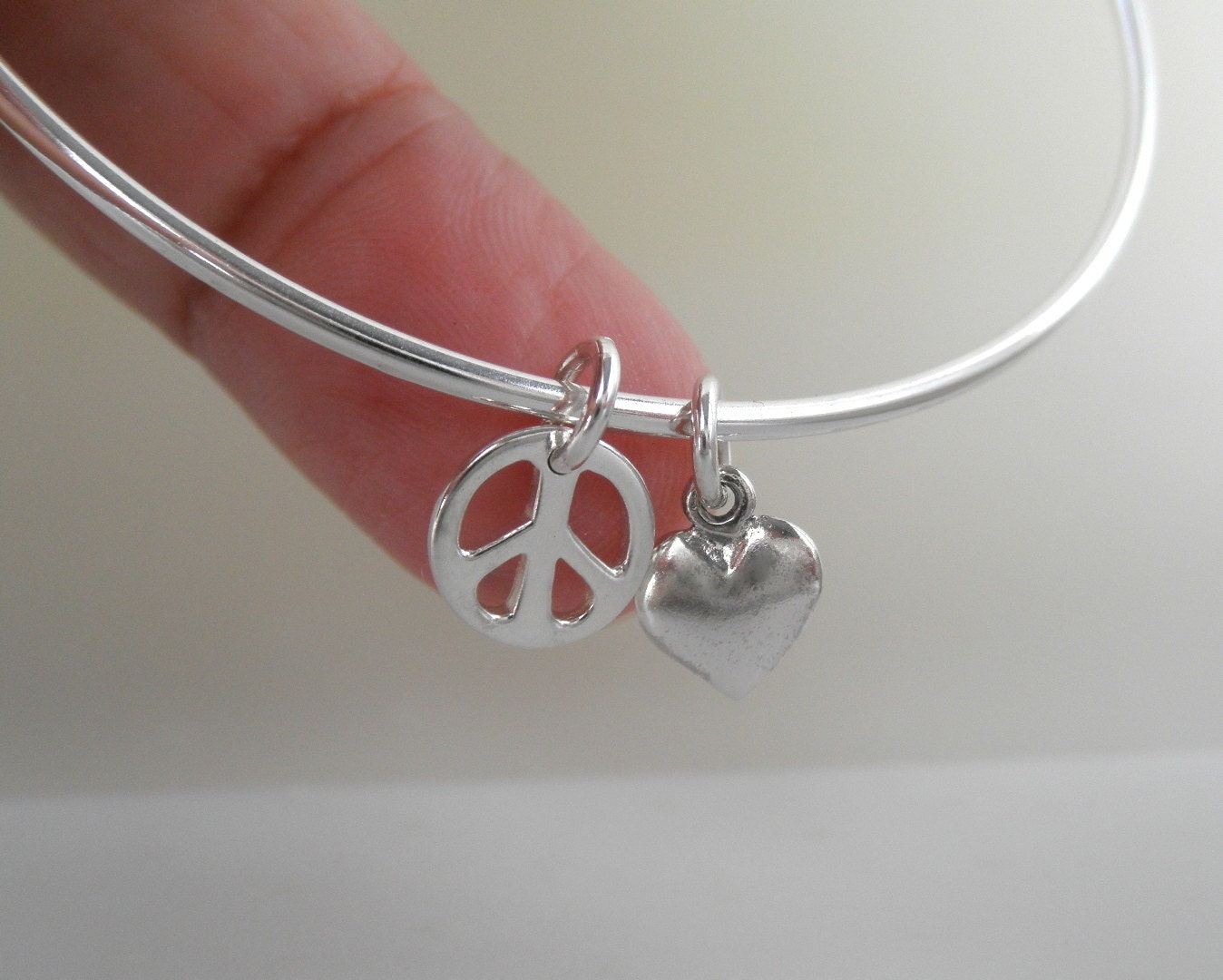 Peace and Love Sterling Silver Bangle. Rustic Charm Bracelet.