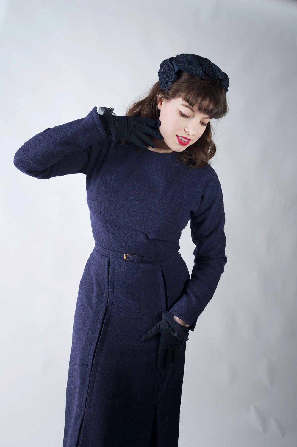 Vintage 1950s Dress - Anne Fogarty Designer Purple Wool Wiggle Dress