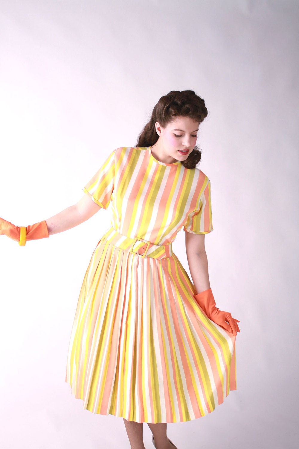 Vintage 1960s Dress - Early 60s Sherbet Striped Summertime Day Dress with Pleated Skirt