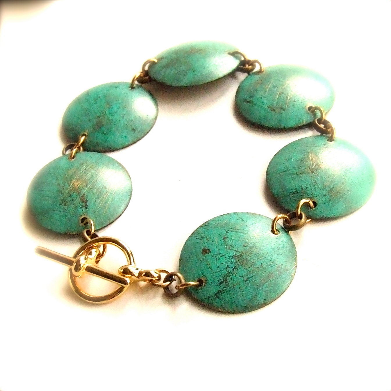Verdigris Patina Rustic Brass Domed Disk Gold Bracelet Distressed Jewellery