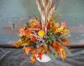 Fall dried flower centerpiece in handmade birch bark vase. Nice Thanksgiving arrangement that will last for years.