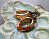 Crystal Copper Oval Earrings, Fall Autumn Wire Wrapped Antique Brass Geometric Orange Rust  - Inferno.