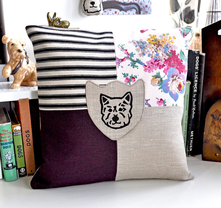 Westie Patchwork Cushion - Plum floral colourway
