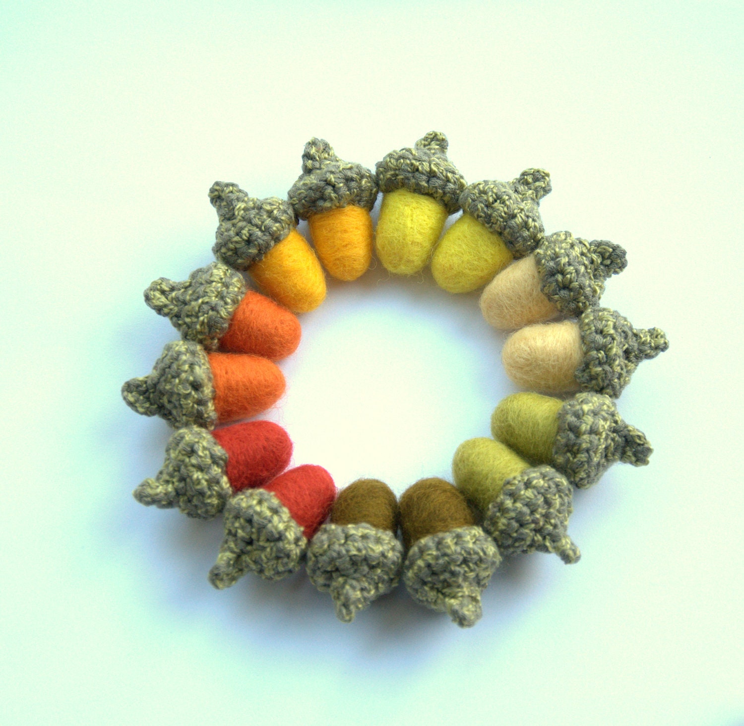 Spring home decor felted acorns Woodland Weddings favor 14 moss sage pale green olive orange yellow wool fall eco friendly ornament garland