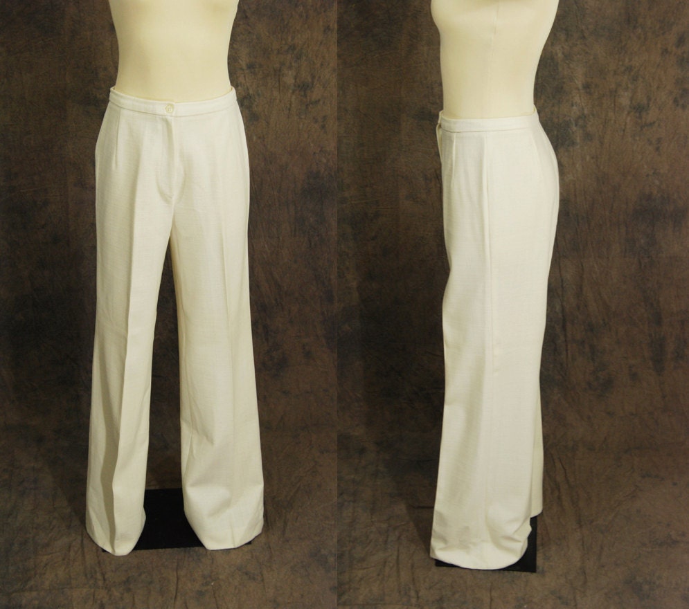 vintage 70s Pants - White Wide Leg Trousers - High Waist Pants Sz 28 29