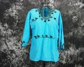 vintage Ethnic Shirt - 70s Turquoise Embroidered Blouse - Moroccan Shirt Sz M L