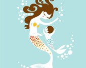 mermaid mother & boy. 10X13" giclee print. blue, orange, turquoise, brunette. mothers day gift.