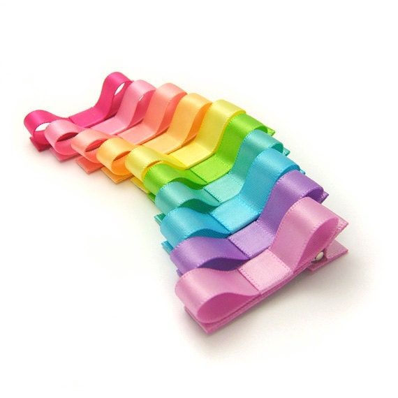 Neon Rainbow Tuxedo Bows, Set of 10 Tuxedo Hair Clips, Alligator Clips, Satin Rainbow Hair Bow Set, Party Favors, Baby, Toddler, Girl,