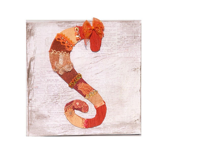 Summer Sale -20% Personalized Monogram S - Textile Artwork Wall Letter - Fabric Crazy Quilting
