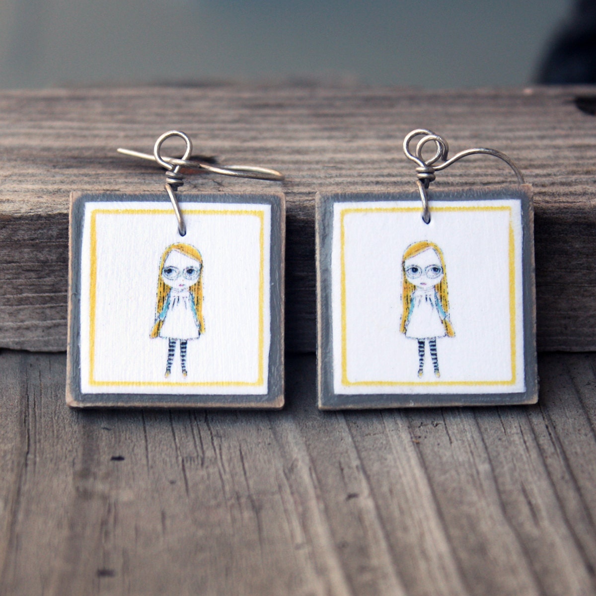 Creative dangle earrings Wood and paper jewelry Mod style Grey and yellow Girl art by Soo Art . GreteL