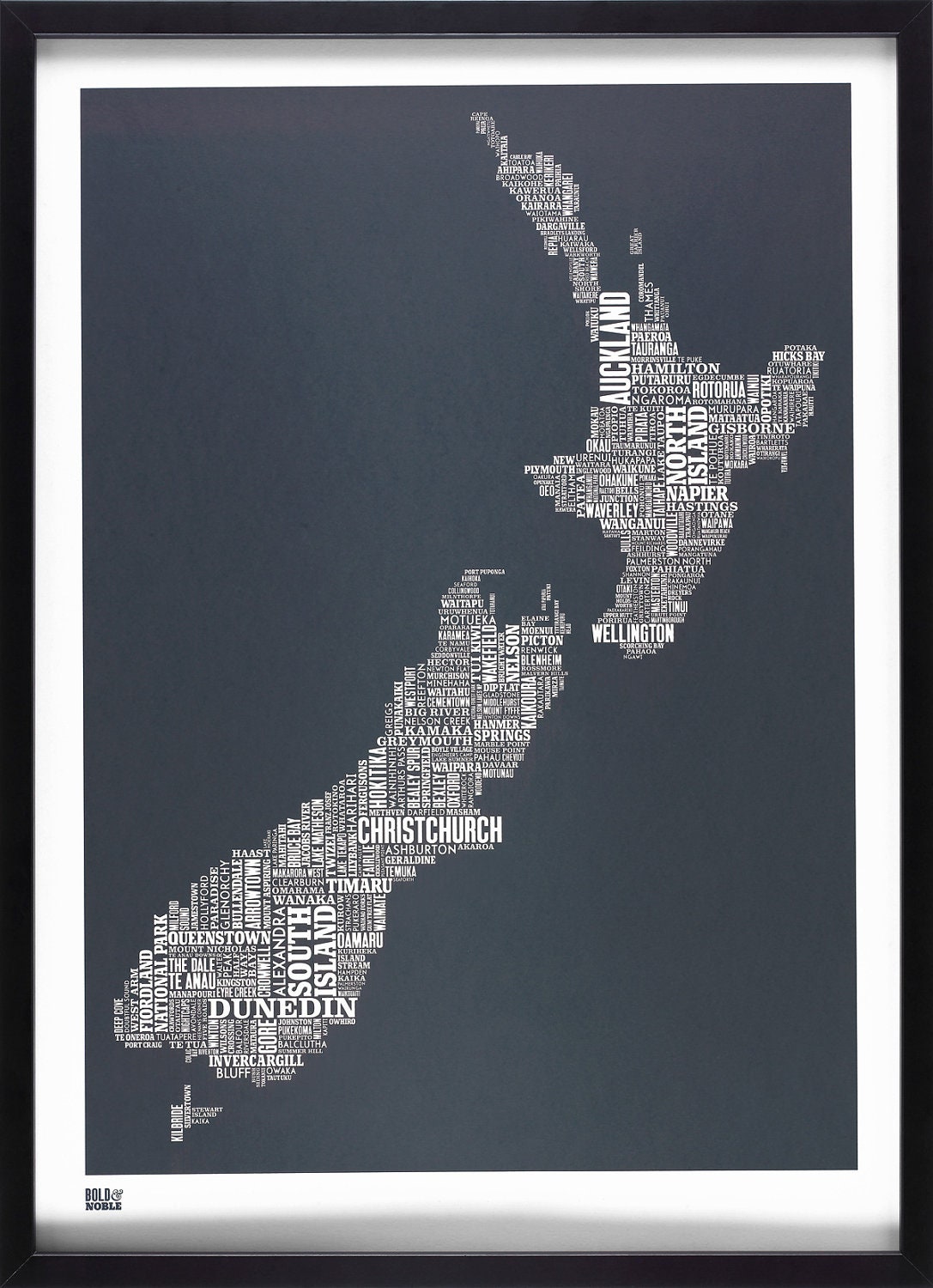 New Zealand Type Map in Sheer Slate - decorative screen print