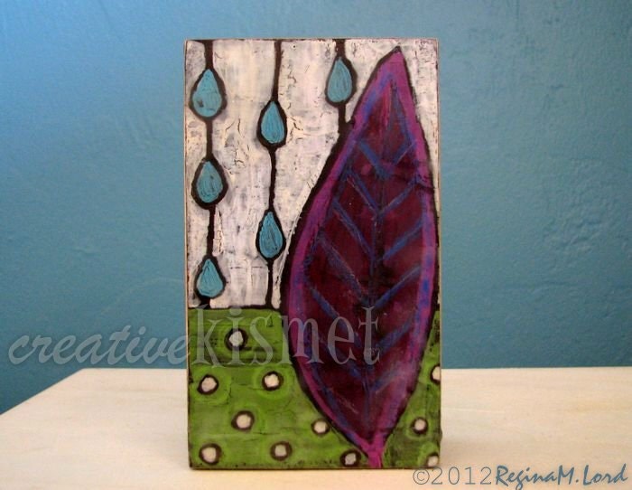 Purple Leaf with Raindrops Nature Block - Mixed Media Original
