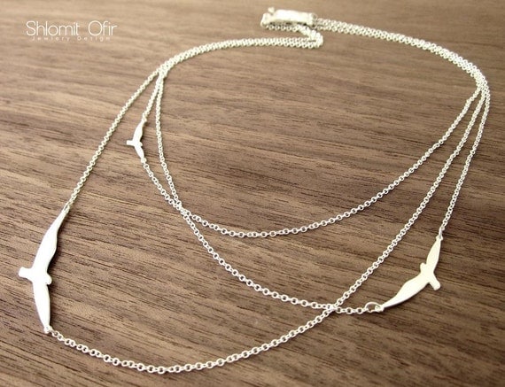 Three Layered Flying Birds Necklace in Silver